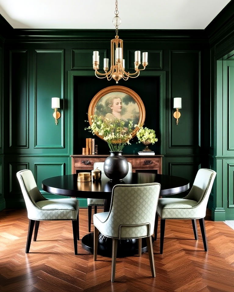 green paneled walls dining room - 20 Dark Green Dining Room Ideas