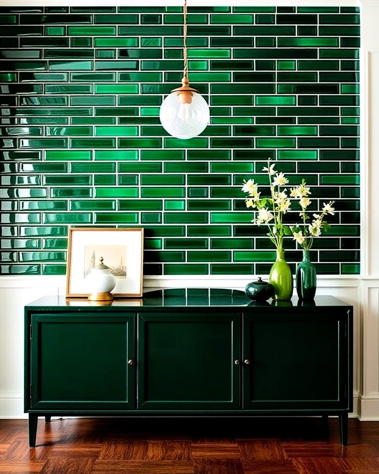 green tile accent wall dining room - 20 Dark Green Dining Room Ideas