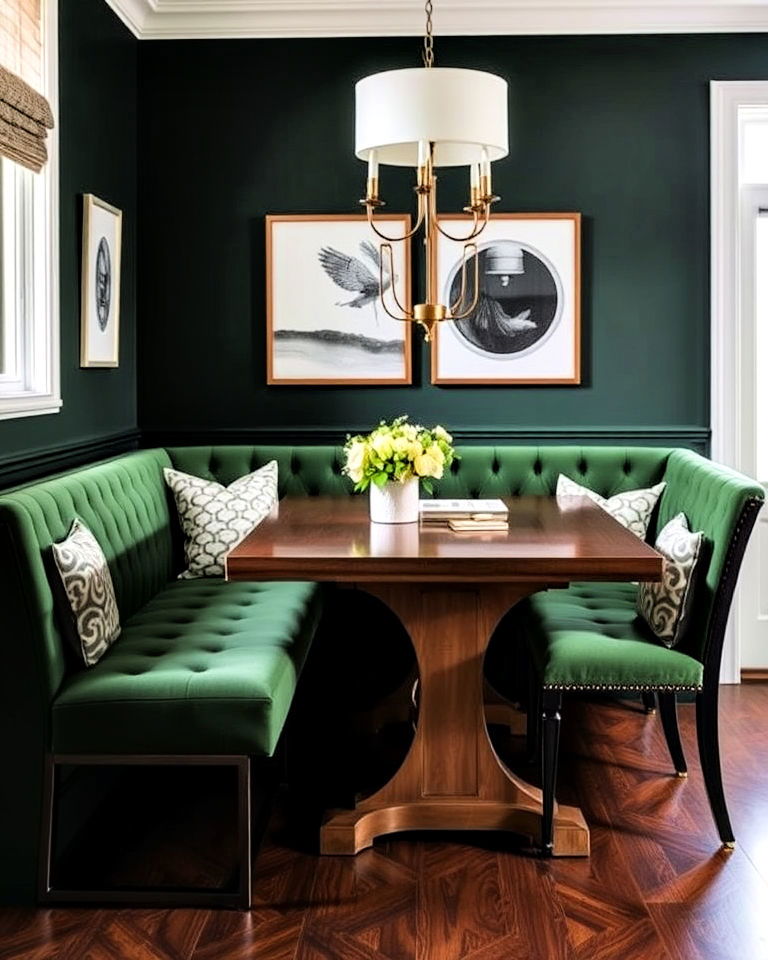 green upholstered dining bench seating - 20 Dark Green Dining Room Ideas