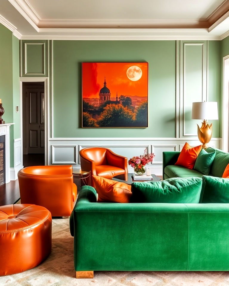 green velvet living room furniture with orange leather accents - 25 Green and Orange Living Room Ideas