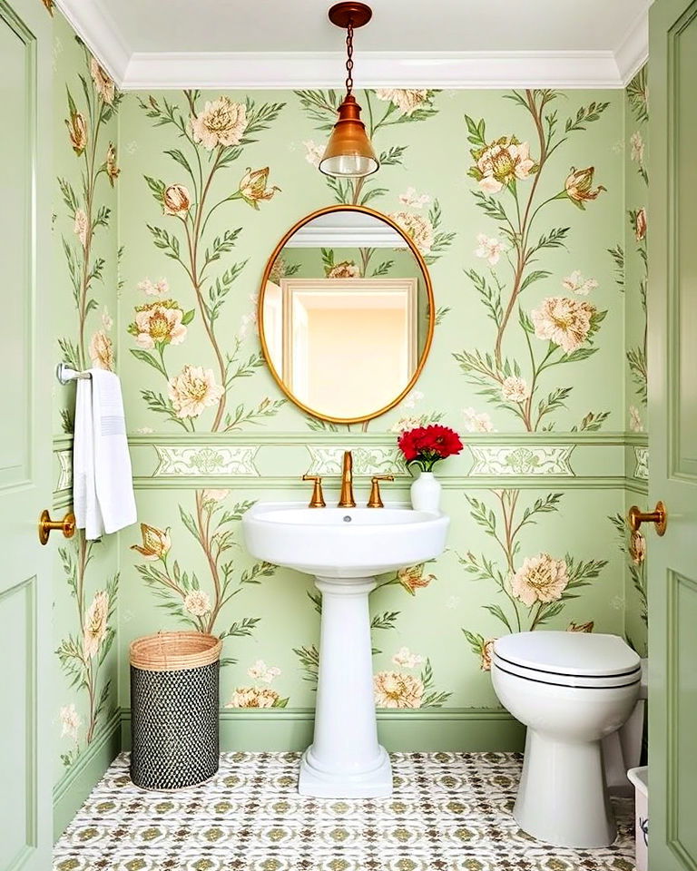 green wallpaper with floral patterns bathroom - 15 Light Green Bathroom Ideas