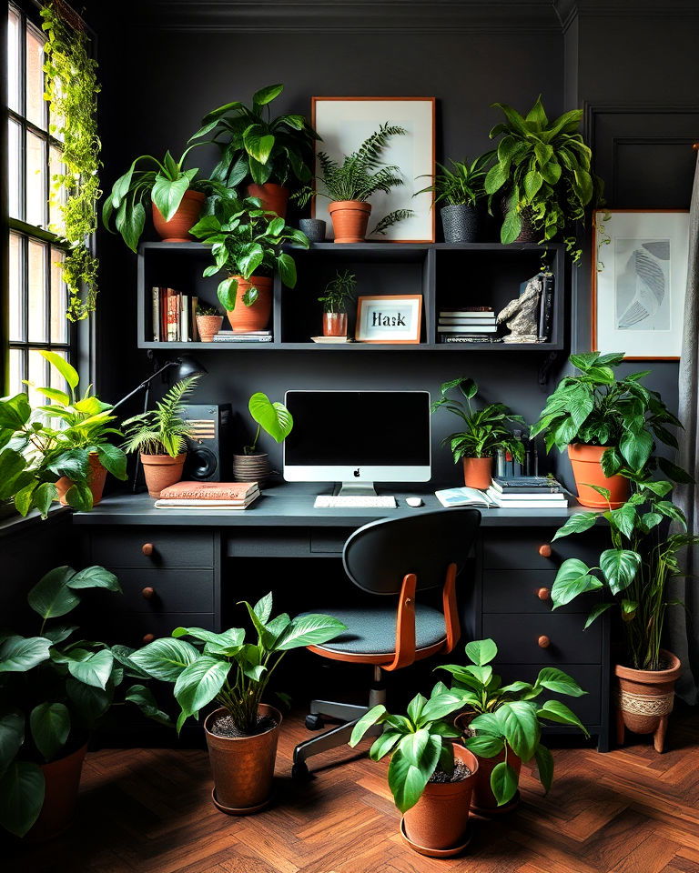 greenery with potted plants home office - 20 Dark Academia Home Office Ideas