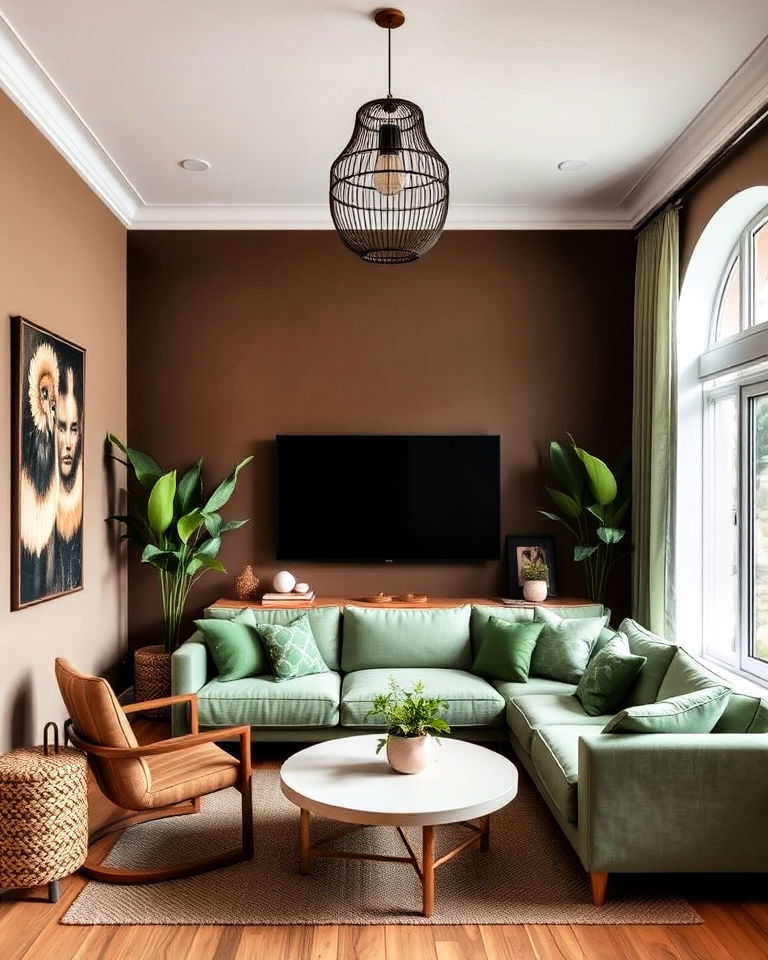 greens combined with brown living room - 25 Colors That Go With Brown for Any Room