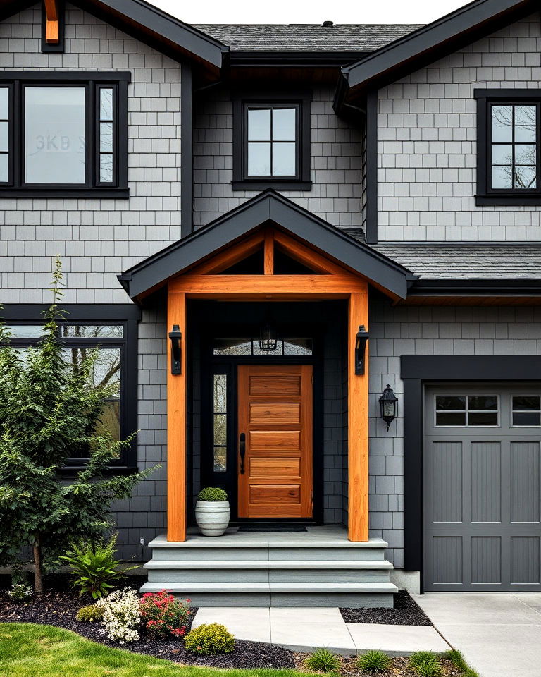 grey and black house with natural wood accents - 25 Grey House With Black Trim