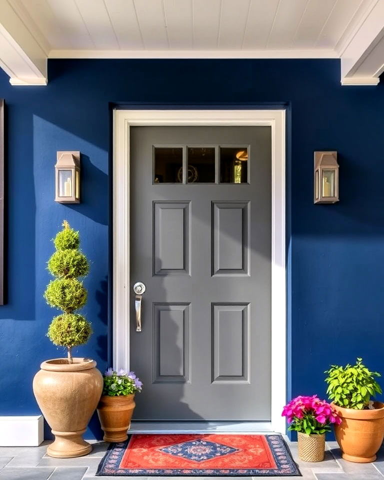 grey door with bold surrounding color - 20 Grey Front Door Ideas
