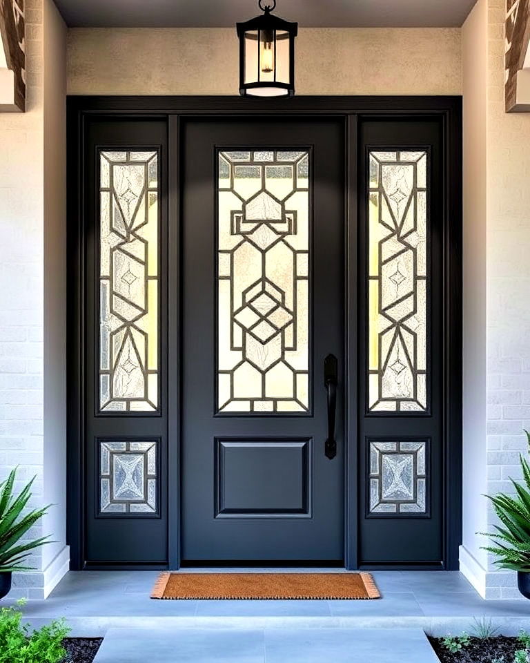 grey door with geometric glass insets - 20 Grey Front Door Ideas