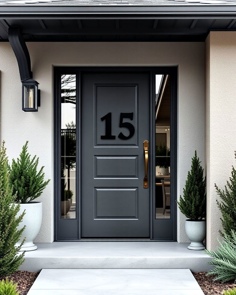 grey door with oversized house number - 20 Grey Front Door Ideas