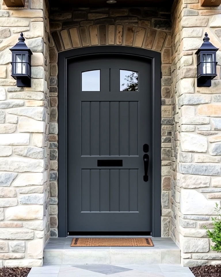 grey front door with a natural stone frame - 20 Grey Front Door Ideas