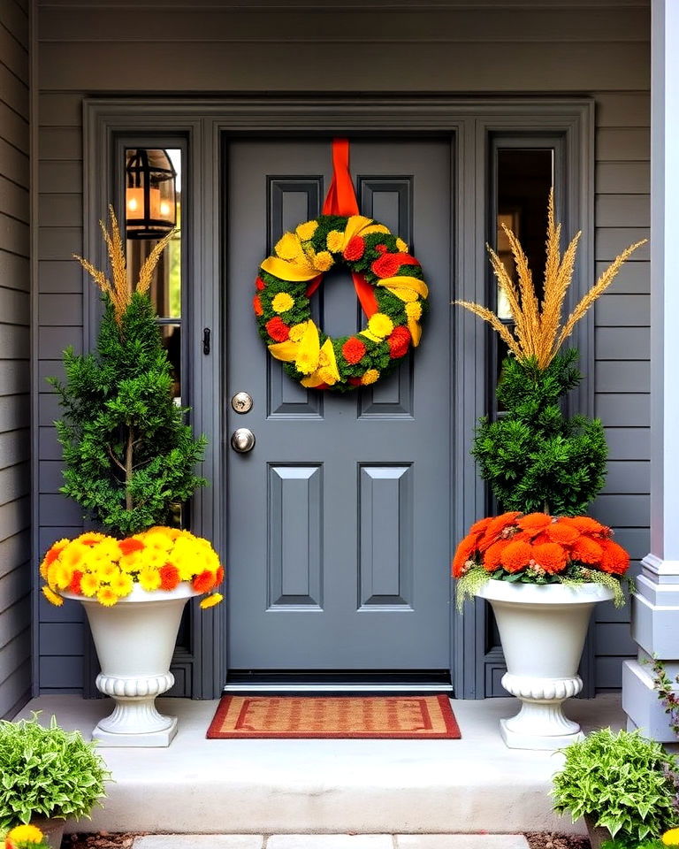 grey front door with a pop of colorful decor - 20 Grey Front Door Ideas