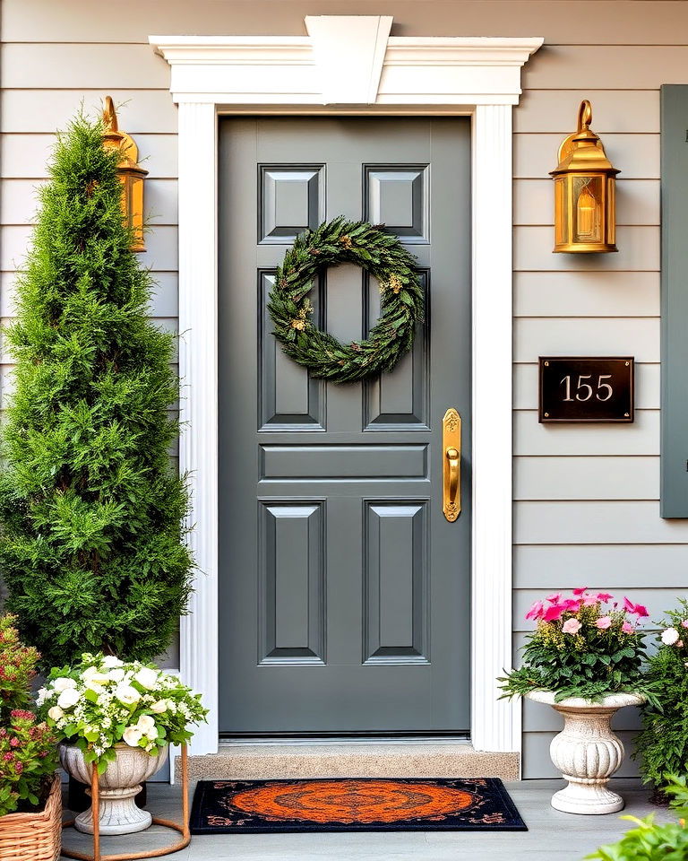 grey front door with brass hardware - 20 Grey Front Door Ideas