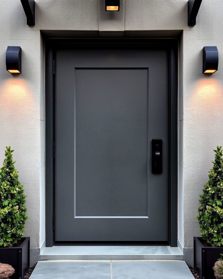 grey front door with industrial style hardware - 20 Grey Front Door Ideas