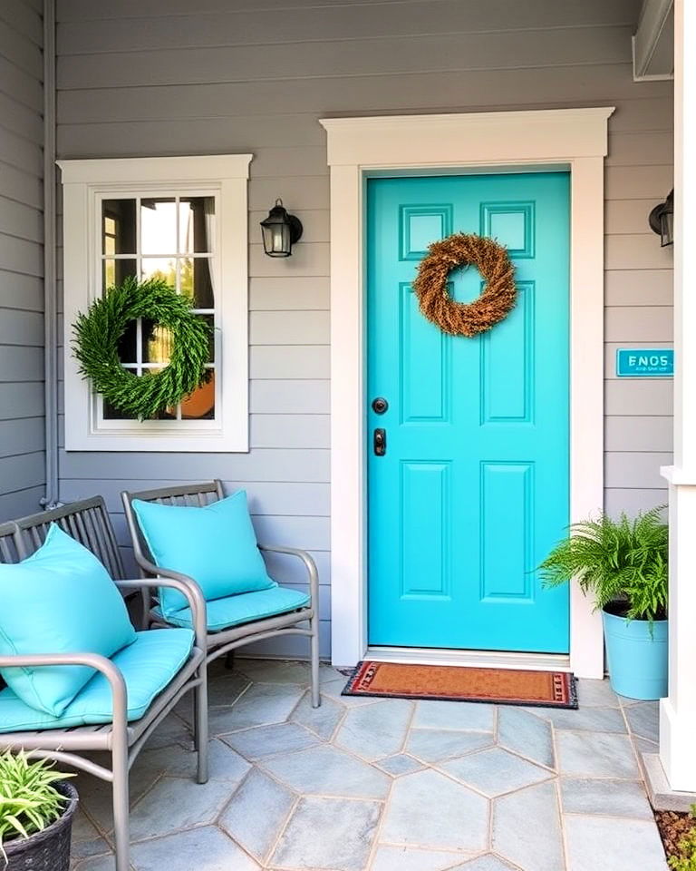 grey house with a turquoise door - 25 Grey House With Blue Door Ideas
