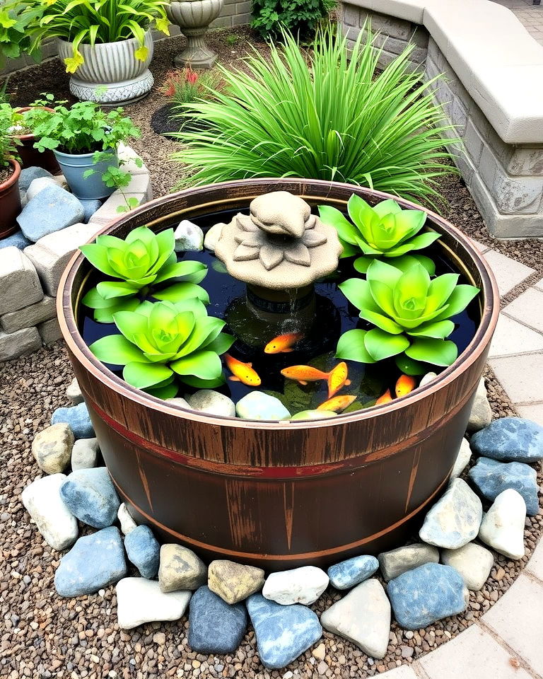 half barrel mini pond for small yard - 15 Container Fish Pond Ideas