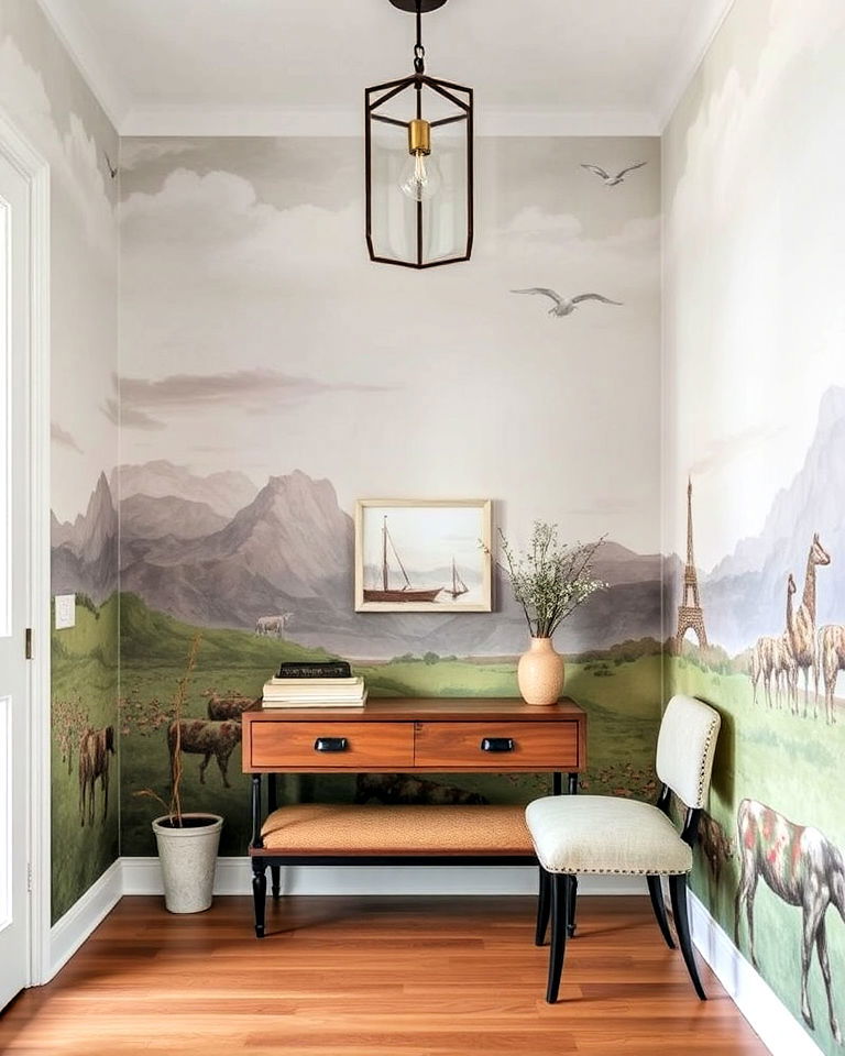 hand painted mural style wallpaper - 30 Entryway Wallpaper Ideas