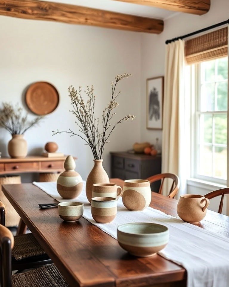 handmade pottery accents dining room - 40 Cottagecore Dining Room Ideas