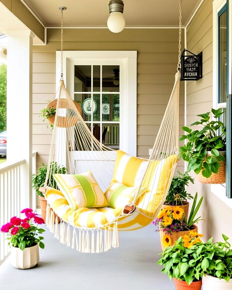 hang a hammock chair for summer relaxation spot - 25 Summer Front Porch Decor Ideas