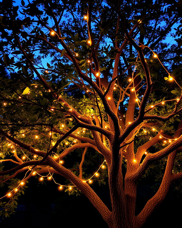 hang string lights on tree branches - 25 Tree Landscaping Ideas