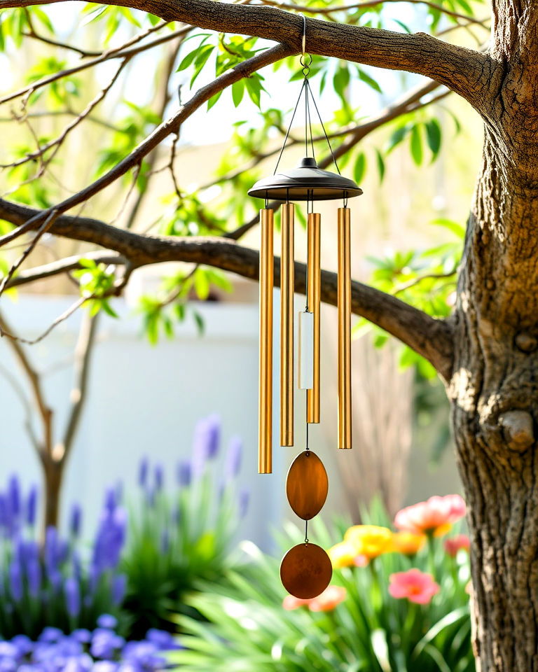 hang wind chimes on a tree - 30 Memorial Garden Ideas
