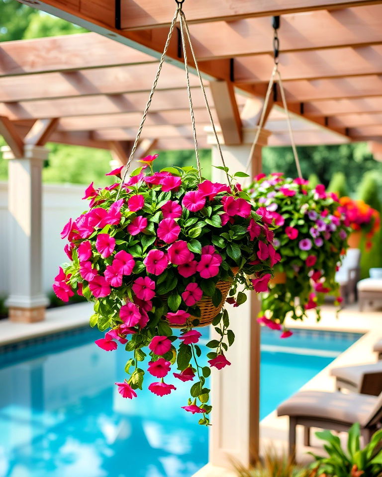 hanging basket planters for vertical interest - 25 Pool Planter Ideas