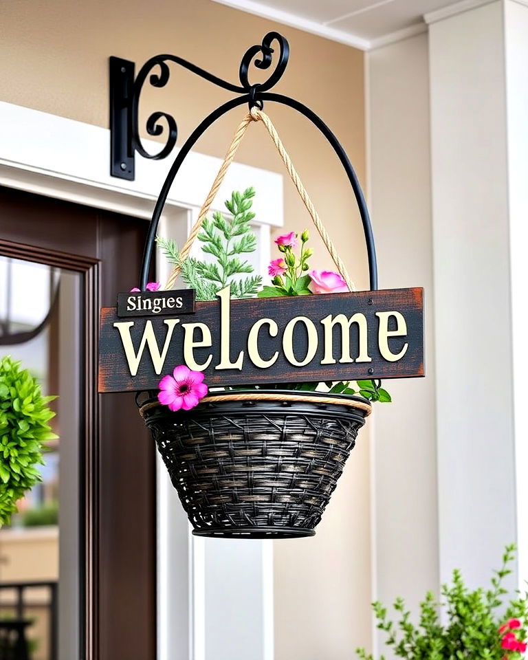 hanging basket welcome sign - 25 Welcome Sign Ideas for Front Porch