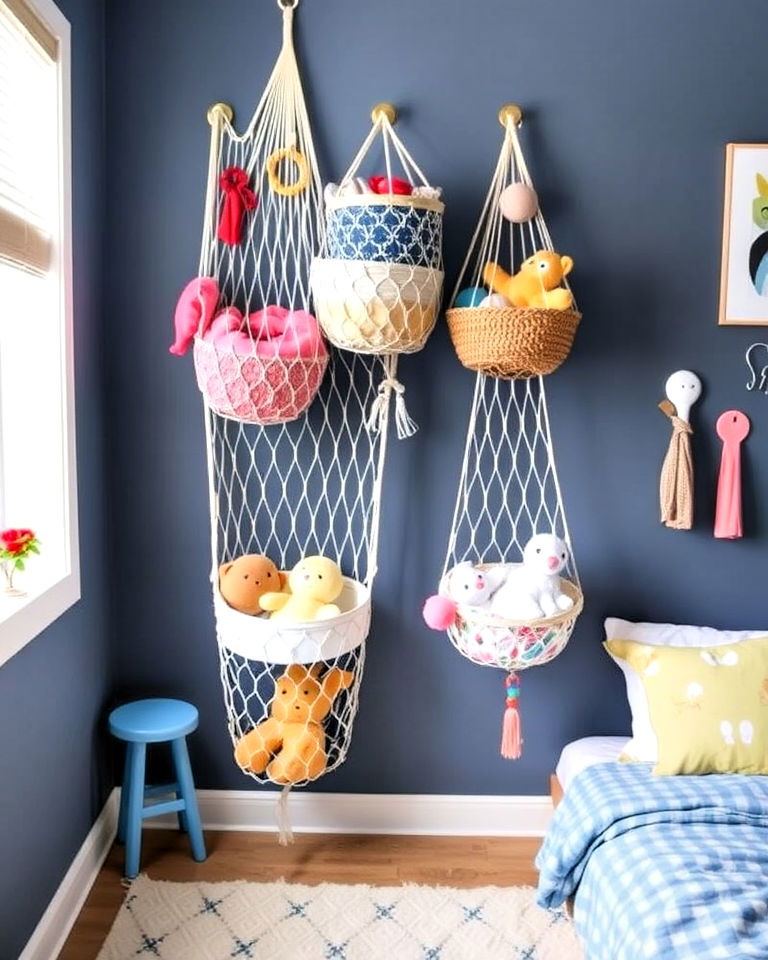 hanging baskets or nets for storage - 40 Boy and Girl Shared Small Room Ideas