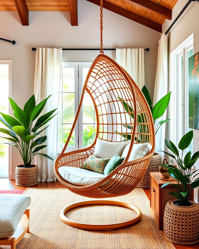 hanging chair to elevate your tropical living room - 20 Tropical Living Room Ideas