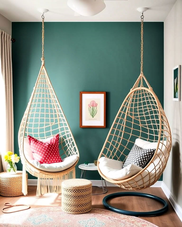 hanging chairs for fun and relaxation - 40 Shared Kids Room Design Ideas