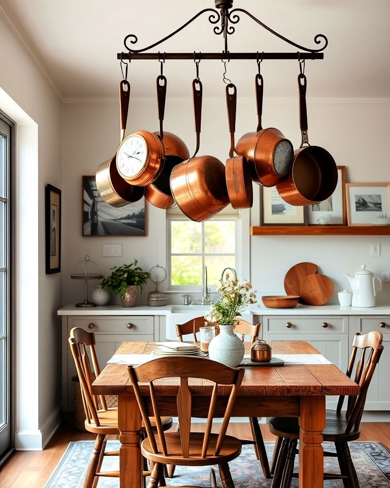 hanging copper pots cottagecore dining room - 40 Cottagecore Dining Room Ideas