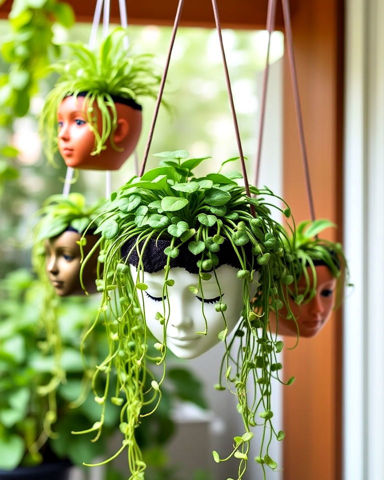 hanging head planters space saving display - 15 Head Planter Ideas