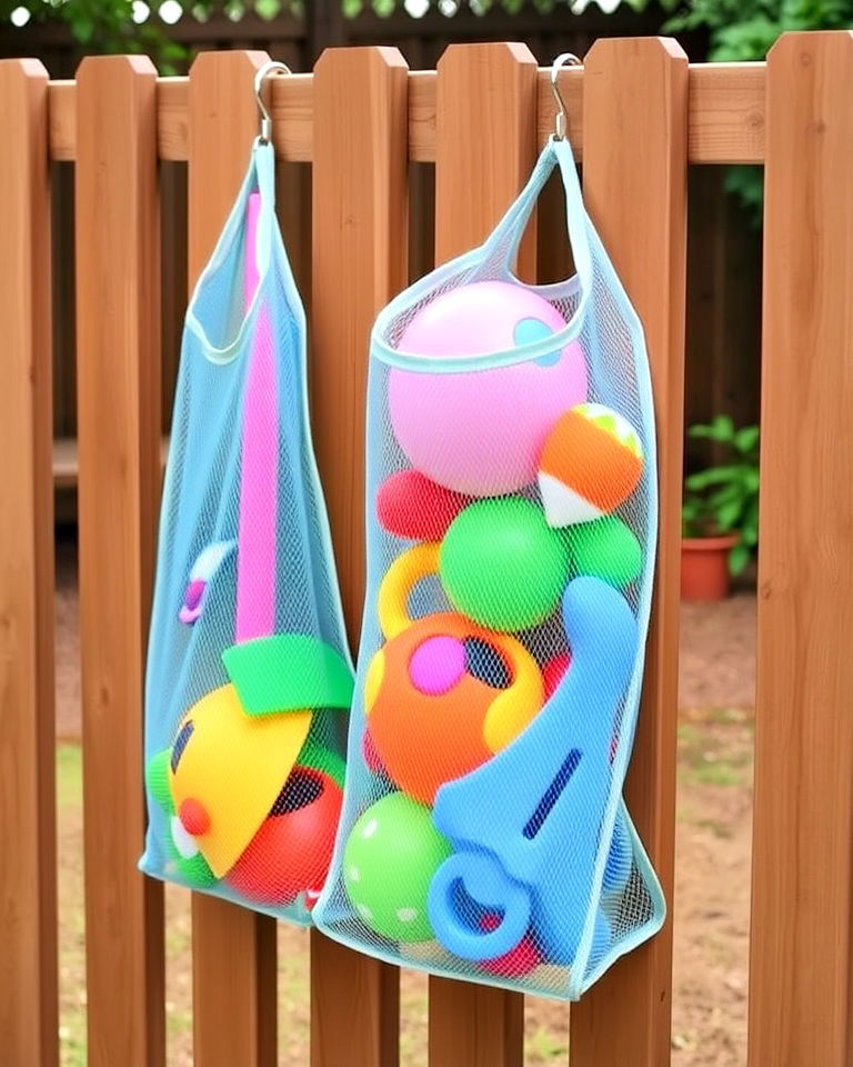 hanging mesh bags for outdoor toys - 25 Outdoor Toy Storage Ideas