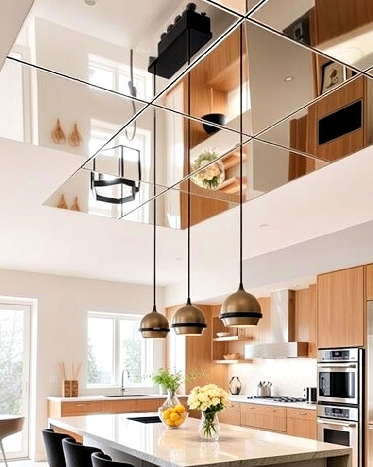 hanging mirrored panels over a kitchen island - 15 Mirror in Kitchen Ideas