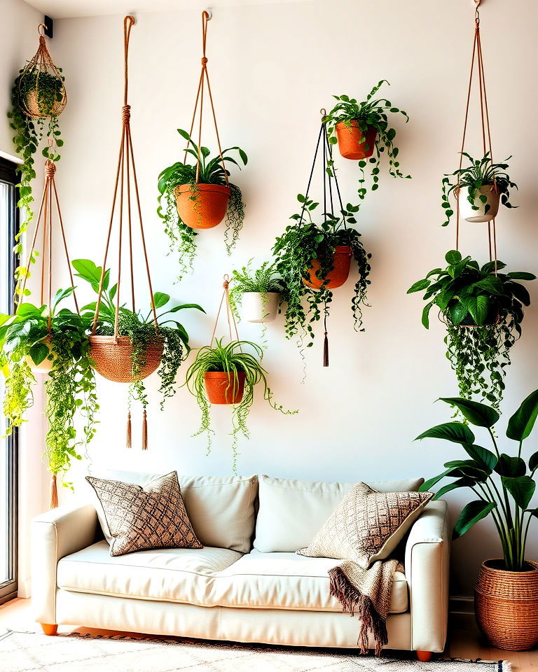 hanging planters to add dimension to your living room - 15 Boho Jungle Living Room Ideas