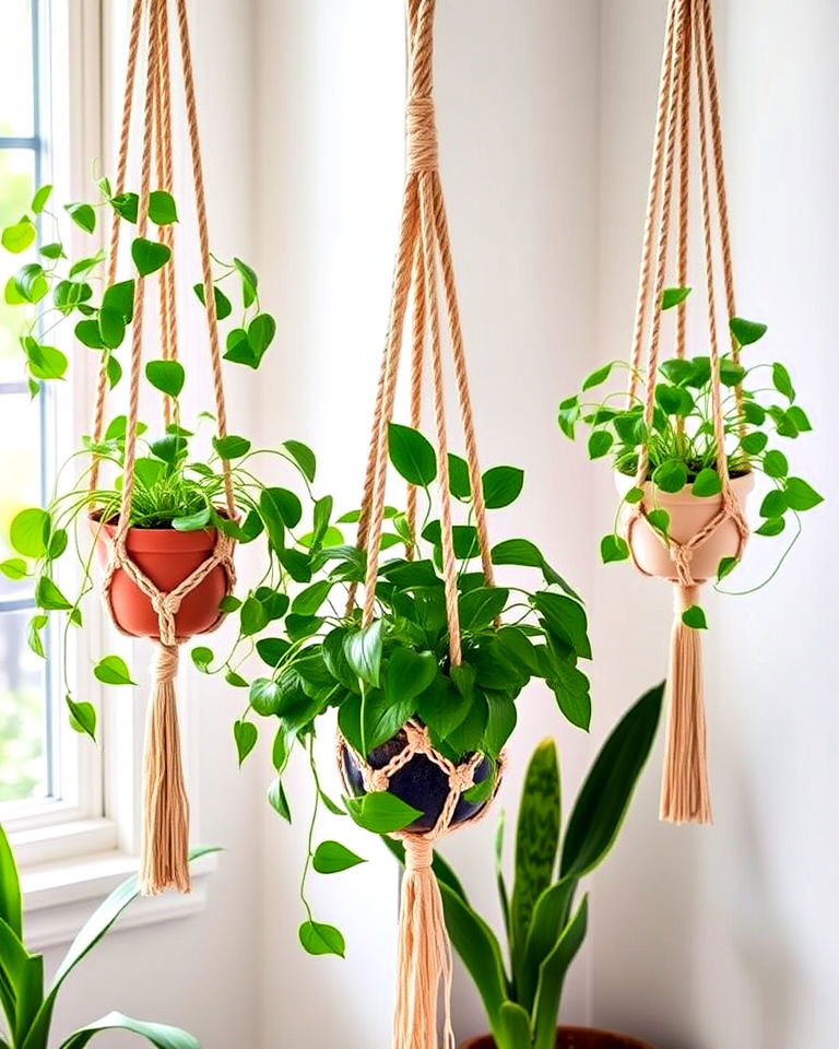 hanging plants in woven macrame holders - 15 Bohemian Moroccan Bedroom Ideas
