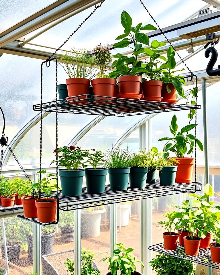 hanging shelves for suspended storage - 25 Greenhouse Shelving Ideas