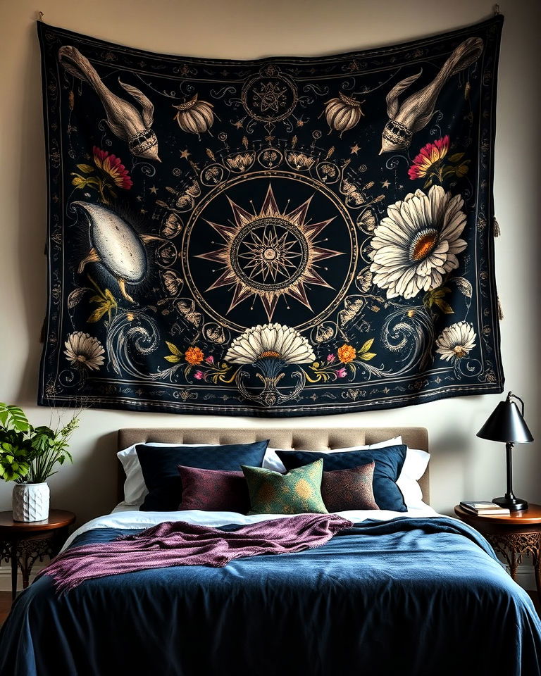 hanging tapestries with mystical designs - 20 Whimsigoth Bedroom Ideas