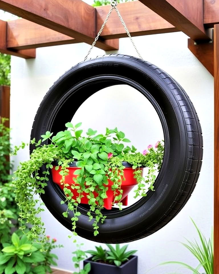 hanging tire planters - 25 Tire Garden Ideas