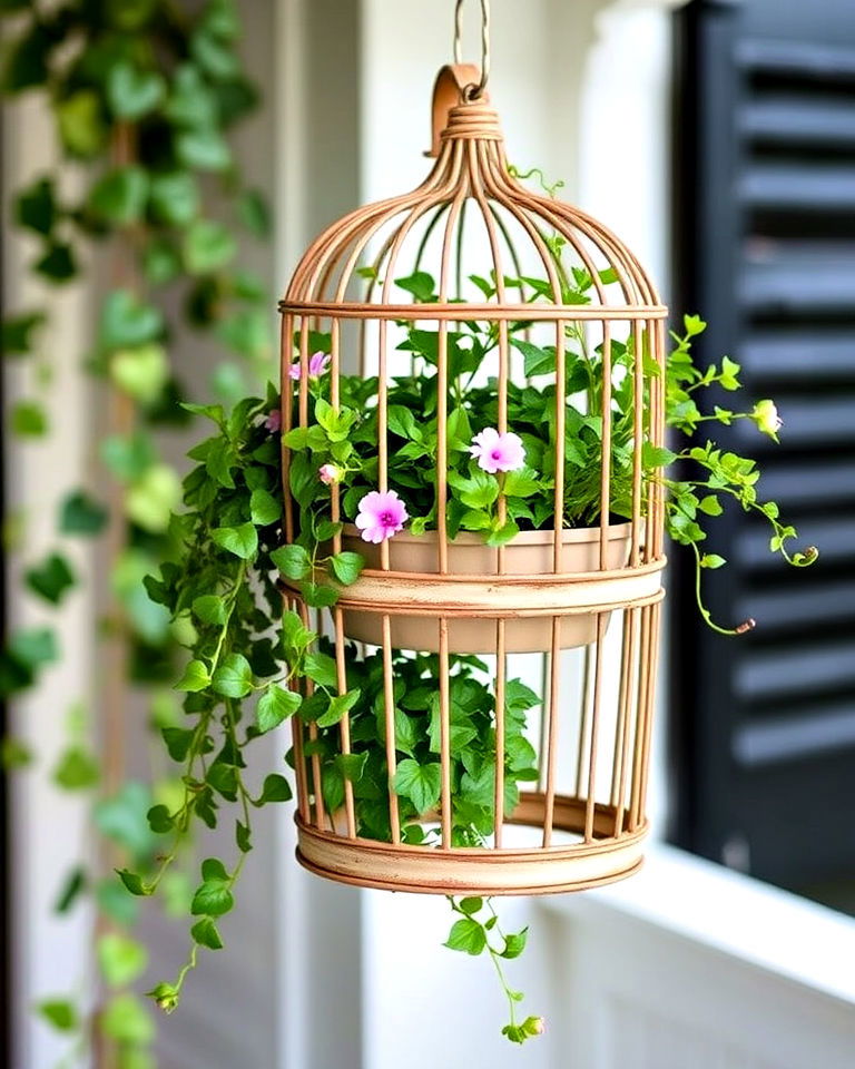 hanging vintage bird cage planter - 15 Bird Cage Planter Ideas