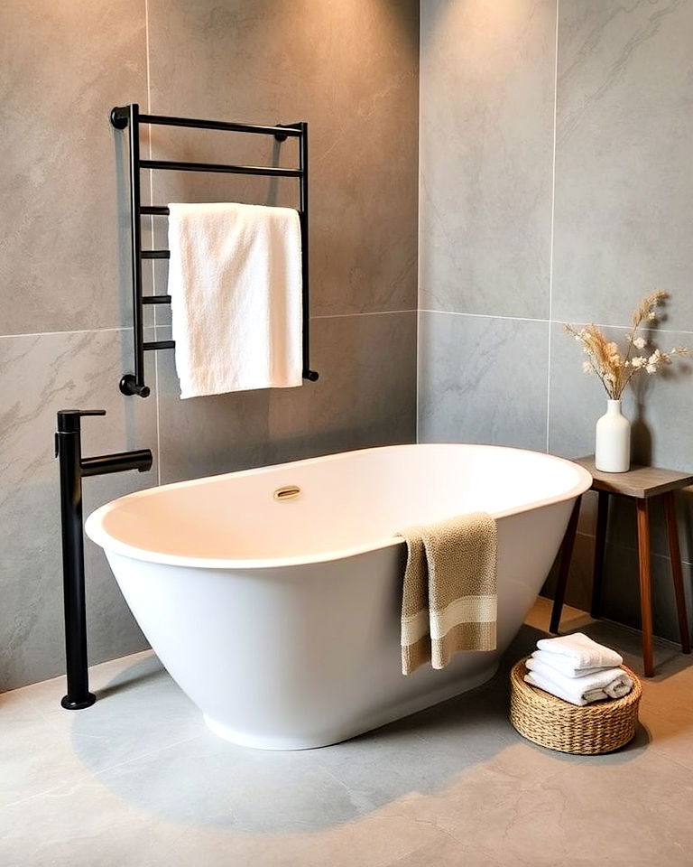heated towel rack bathtub - 25 Bathtub Decor Ideas