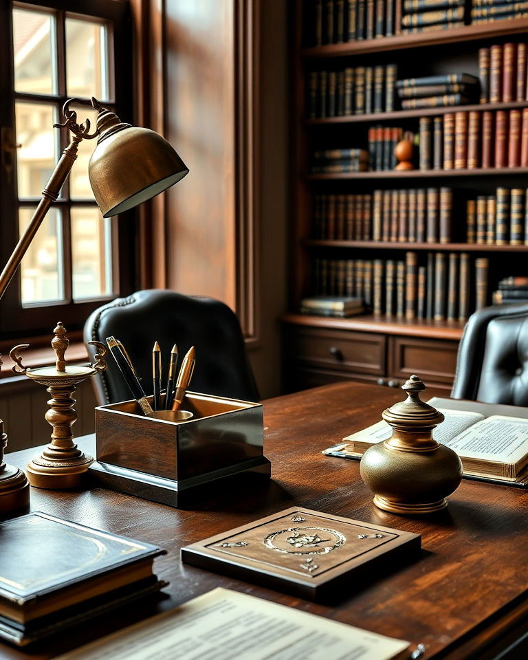 heavy desk accessories for character - 20 Dark Academia Home Office Ideas