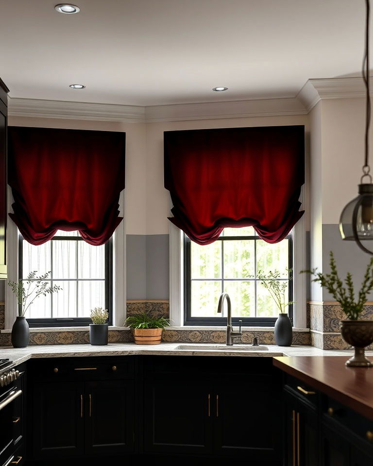 heavy drapes and curtains for academia kitchen - 25 Dark Academia Kitchen Ideas