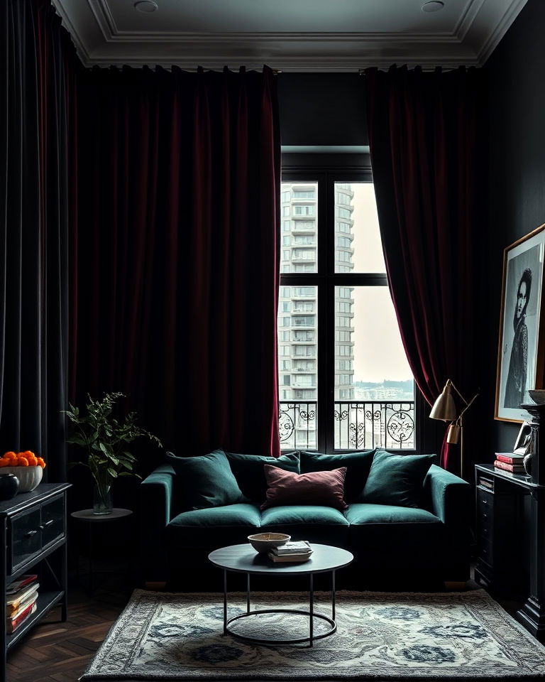 heavy drapes dark academia apartment - 15 Dark Academia Apartment Ideas