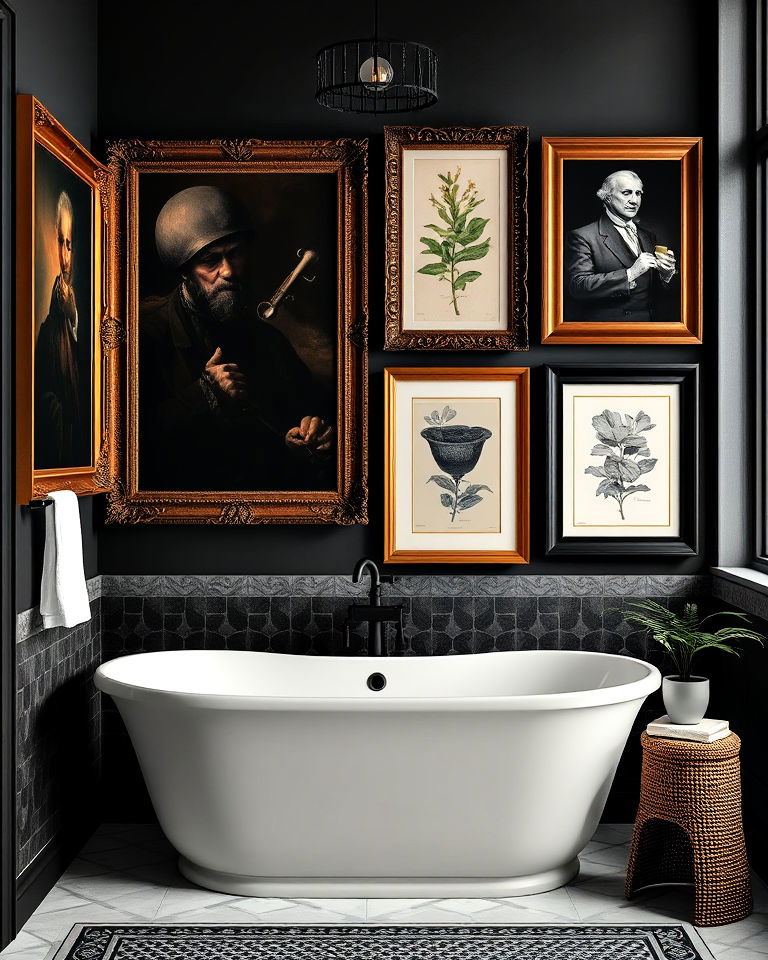heavy framed artwork dark academia bathroom - 25 Dark Academia Bathroom Ideas