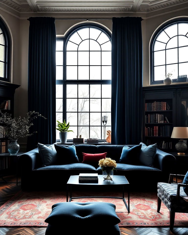 heavy velvet curtains dark academia living room - 25 Dark Academia Living Room Ideas