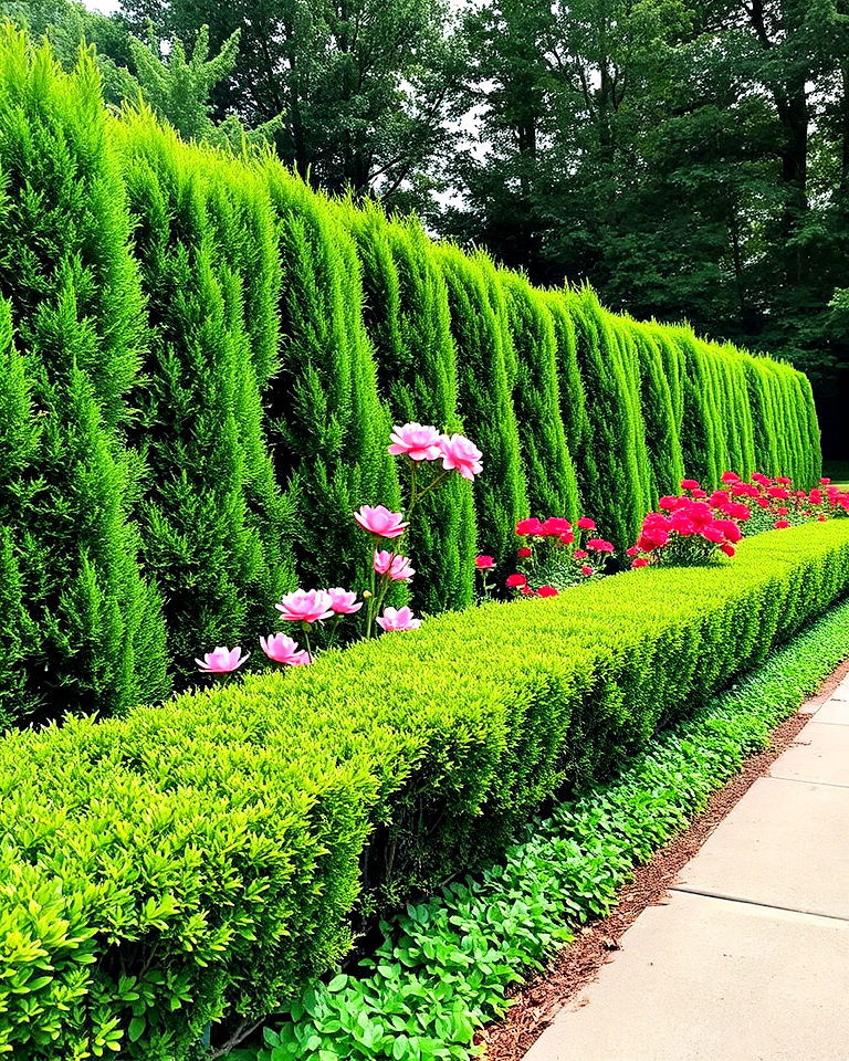 hedges with interspersed flowering plants - 25 Property Line Landscaping Ideas
