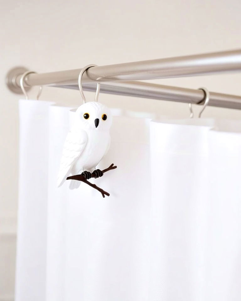 hedwig inspired shower curtain hooks - 25 Harry Potter Bathroom Ideas