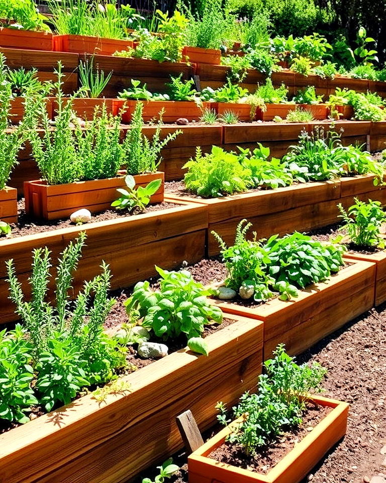 herb terraces with rustic wood retainers - 15 Hillside Terraced Garden Ideas