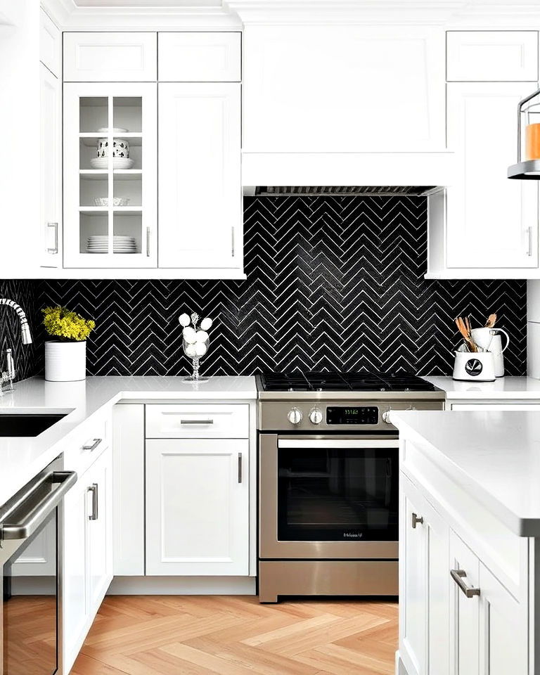herringbone black tile for classic movement - 20 White Kitchen With Black Backsplash Ideas
