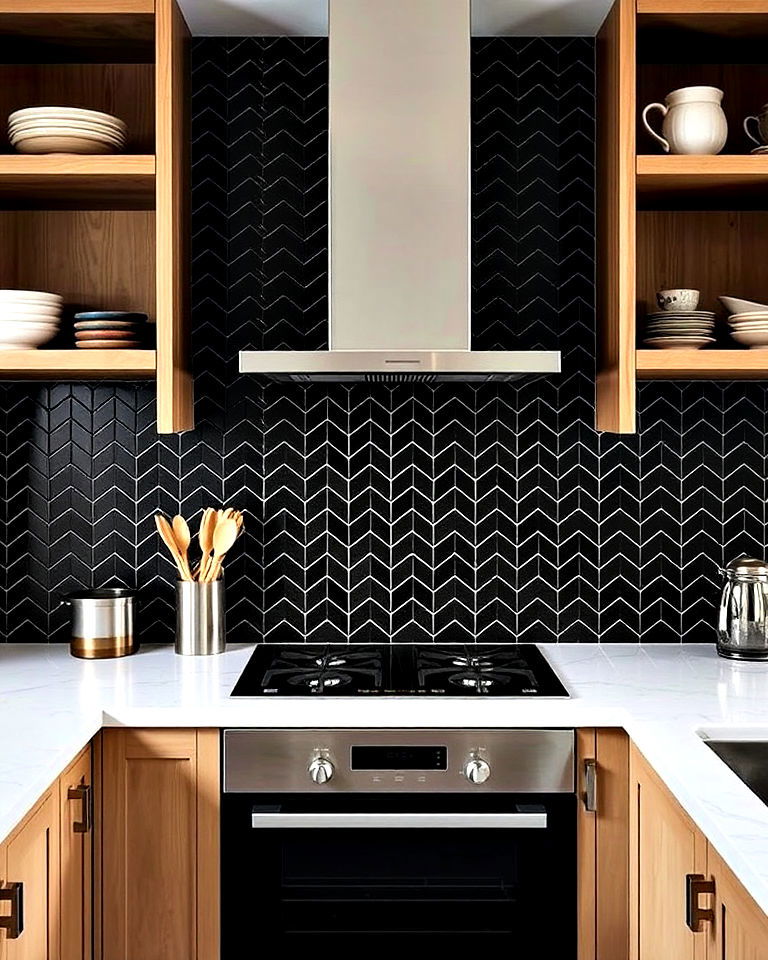 herringbone black tiles for texture to the kitchen - 20 Kitchens With Dark Backsplashes