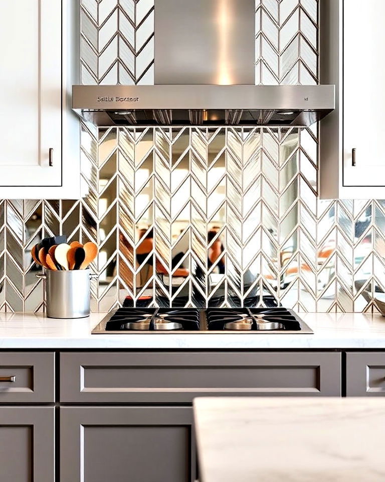 herringbone mirror pattern for subtle sophistication - 25 Mirrored Backsplash Kitchen Ideas