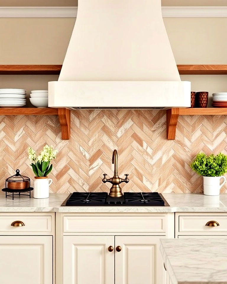 herringbone pattern with stone tiles - 15 French Country Kitchen Backsplash Ideas
